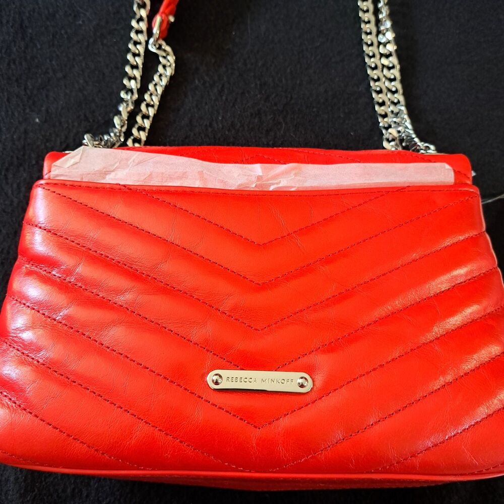 Rebecca Minkoff Crossbody Bag Red Chevron Quilted Leather Silver Chain Hardware - Picture 7 of 14